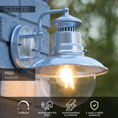 Lucide FIGO - Wandlamp Binnen/Buiten - Ø 21,5 cm - 1xE27 - IP44 - Zink